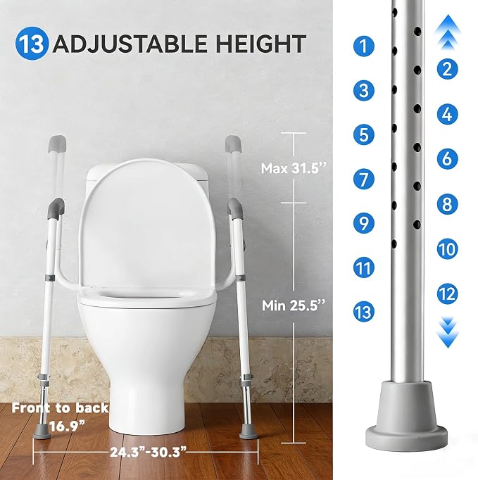 Toilet Safety Rails for Seniors | Reinforced Steel Frame, Padded Armrests, Adjustable Height & Width, for Elderly, Handicap & Post-Surgery, 350lbs Capacity