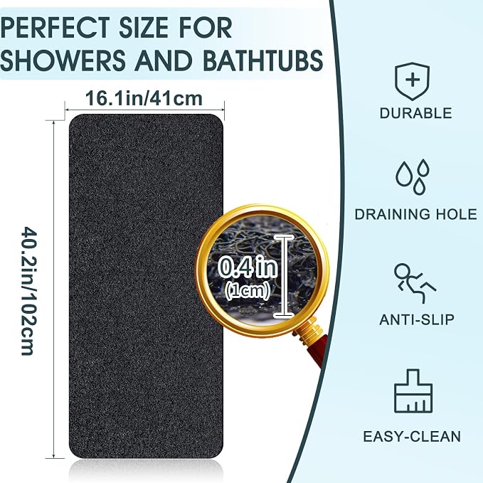 SONGZIMING Shower Mat Non Slip 40.2 x16.1 Inch, Loofah Shower Mat Anti Slip Tub Mat Without Suction Cups, Shower Floor Mat for Wet Area, Quick Drying, Black
