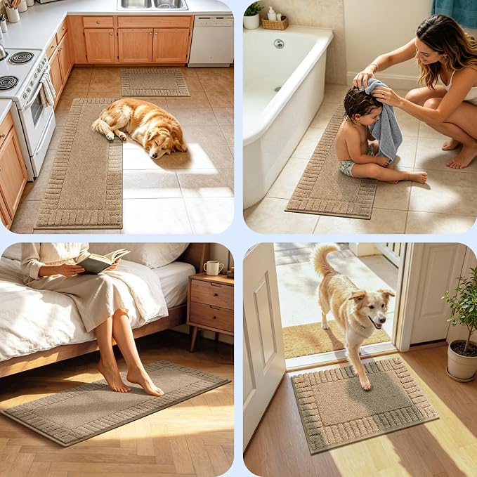 Pauwer Bathroom Rugs Sets 3 Piece Non Slip Machine Washable Bathroom Shower Rugs with U-Shaped Contour Toilet Mat Plush Shaggy Absorbent Microfiber Bath Mat Set, Khaki
