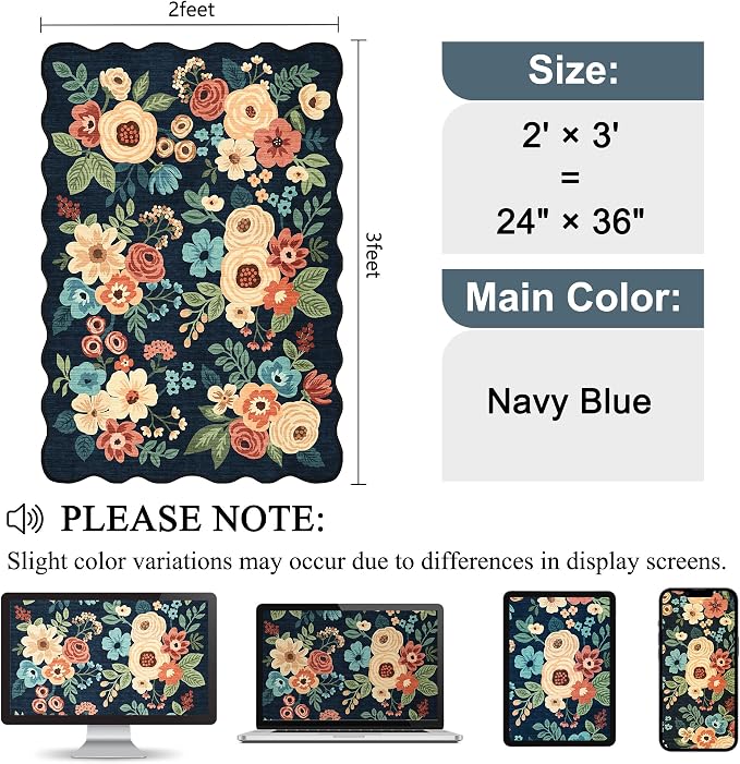 DUKINO 2x3 Entryway Rug, Floral Washable Indoor Door Mat with Non-Slip Backing, Soft Low Pile Small Front Door Throw Rugs for Entryway, Kitchen, Bedroom, Laundry, Bathroom, Navy Blue