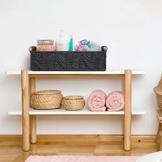 Bathroom Baskets for Organizing with Handle Decorative Basket for Bathroom Countertop Storage Toilet Paper Storage Basket for Toilet Tank Top Small Baskets Set,Black