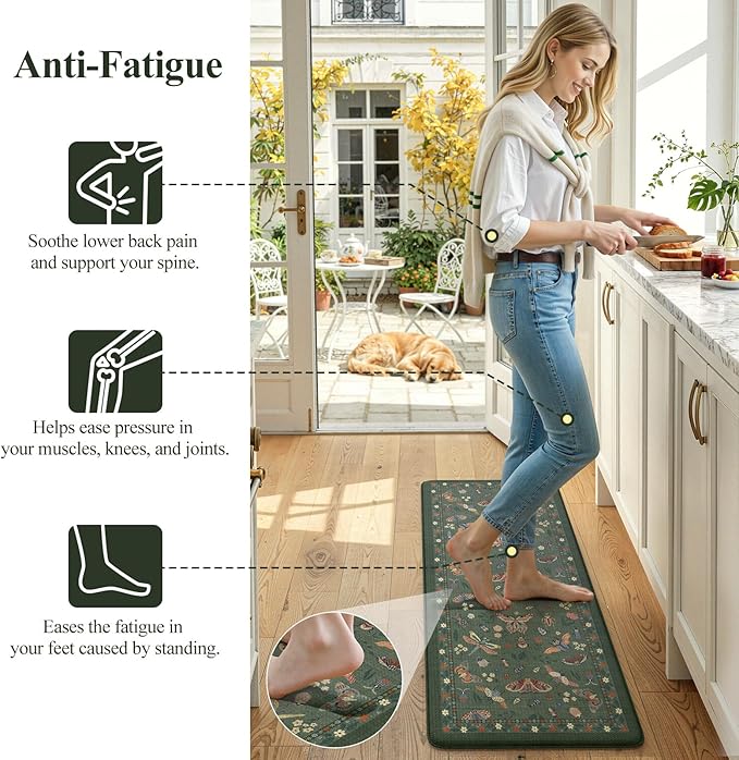 LEEVAN Anti Fatigue Mats for Kitchen Floor Non-Slip, Cushioned Kitchen Mats for Floor 20''x31''+20''x47'', Green Memory Foam Kitchen Mat Set
