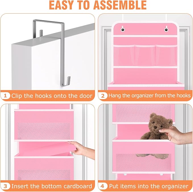WISELIFE Over the Door Organizer - 6 Shelves Detachable Hanging Bedroom Storage Solution with 5 Large Pockets and 3 PVC Pockets for Dorm Bathroom, Pantry Nursery Baby Essentials (Pink)