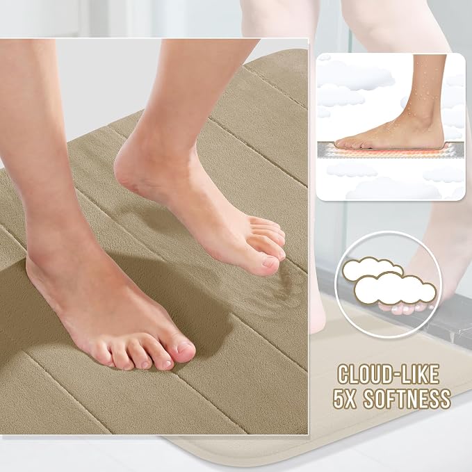 Yimobra Memory Foam Bath Mat Set 3 Pieces- Super Soft Absorbent Quick Dry Bathroom Rug Sets, Machine Washable Non Slip Floor Carpet for Tub Shower, Vanity & Toilet Base, Pale Khaki