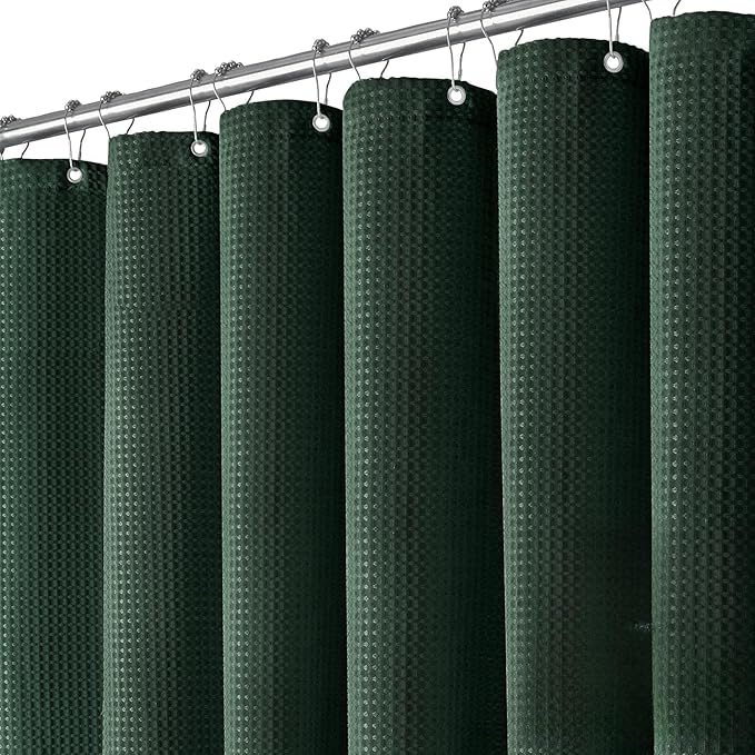 Dynamene Extra Wide Shower Curtain-108 Inch Wide Waffle Weave Weighted Thick Cloth Bathroom Shower Curtain, Neutral Heavy Duty Hotel Bath Curtain Set with 18 Plastic Hooks,108x72, Dark Green