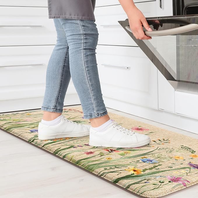 KIMODE Anti Fatigue Mats for Kitchen Floor 17.3"x29", Cushioned Kitchen Rugs, Non Slip Waterproof Kitchen Floor Mat, Floral Comfort Standing Mat for Laundry, Office, Sink, Desk Brown