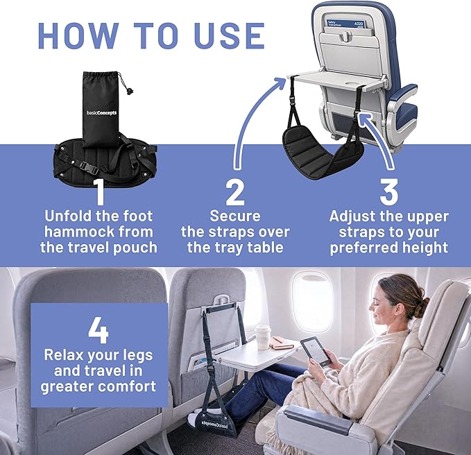 BASIC CONCEPTS Airplane Foot Hammock for Plane Travel Essentials - Airplane Travel Essentials, Long Flight Foot Rest - Plane Gadgets