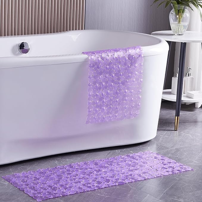 Webos Bath Shower Mat Non Slip: Extra Large Pebble Bathtub mat for Families, Anti Slip Shower Matt with Drain Holes Suction Cups Tub Mat - 16 X 40 Inch Clear Purple
