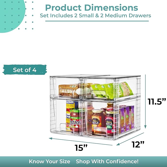 Sorbus Stackable Clear Storage Drawers, 4 Pack (2 Medium + 2 Small) Pull-Out Organizer Bins – Plastic Drawer Organizers for Bathroom, Vanity, Makeup, Under Sink & Countertop Organization