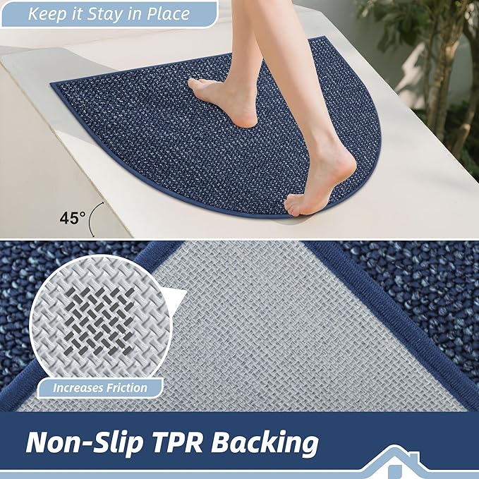 BEQHAUSE Dirt Trapper Door Mat 26" x 40" Half Circle Non-Slip Washable Doormats Entrance Rugs Absorbent Welcome Low Profile Floor Mats for Front Back Door and Entryway, Blue