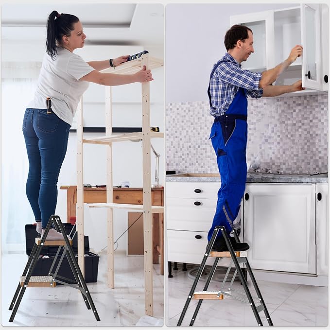 DIAMONDFORGE 2 Step Ladder, Lightweight Folding Step with Wide Anti-Slip Pedal & Feet, 330 lbs Capacity,Sturdy Steel Step Ladder for Home,Kitchen and Office,Woodgrain