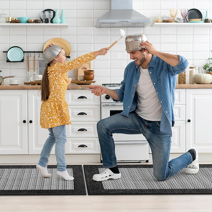 StepRite Kitchen Mats for Floor, Non-Slip Kitchen Rugs Set of 2 PCS, Super Absorbent Washable Kitchen Mats with Rubber Backing, Runner Mats for Front of Sink (20"x32"+20"x47" Black)