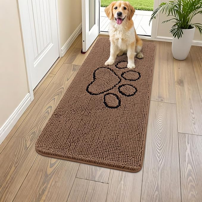 Smiry Dog Door Mat for Muddy Paws, Absorbent Dirt Trapper Non Slip Quick Dry Washable Chenille Mat for Mud Dogs, Entry Rug for Indoor and Outdoor (47x24 Inches, Coffee and Black)