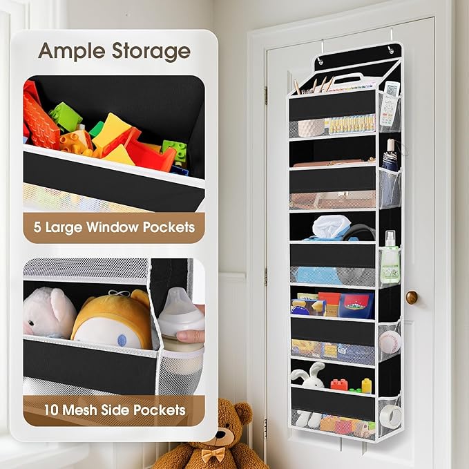 SpaceHacks 2 Pack Over The Door Organizer, Hanging Storage Organizer with Clear Window, 40lb Ultra Sturdy Large Capacity Room Organizer for Pantry Laundry Bathroom Nursery Closet (Black)