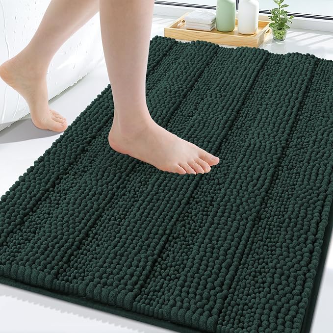 Grandaily Chenille Striped Bathroom Rugs 30x20, Extra Thick and Absorbent Bath Mats, Non-Slip Soft Plush Shaggy Shower Carpet, Machine Wash Dry, Bath Rug for Bathroom, (Medium, Dark Green)