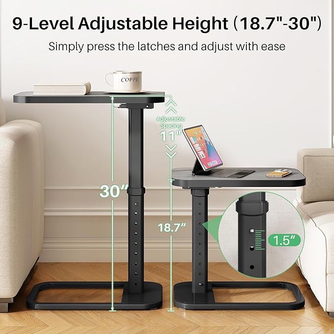 Kitstorack Upgraded TV Tray Table with Panel Lock, 90° Flip-Over Design & Adjustable Height, Sofa Arm Side Table for Eating, Laptop, Couch, Bed, or Small Spaces, Dark Gray