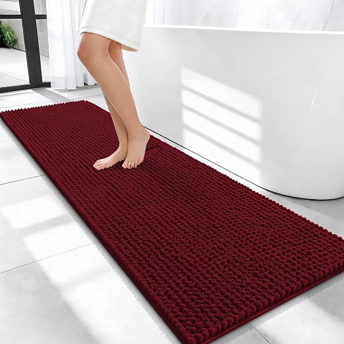 OLANLY Thick Bathroom Runner Rugs 59x20, Extra Soft Absorbent Chenille Bath Rugs, Rubber Backing, Machine Wash Dry, Long Bath Mats for Bathroom Floor, Tub and Shower, Home Decor Accessories, Burgundy