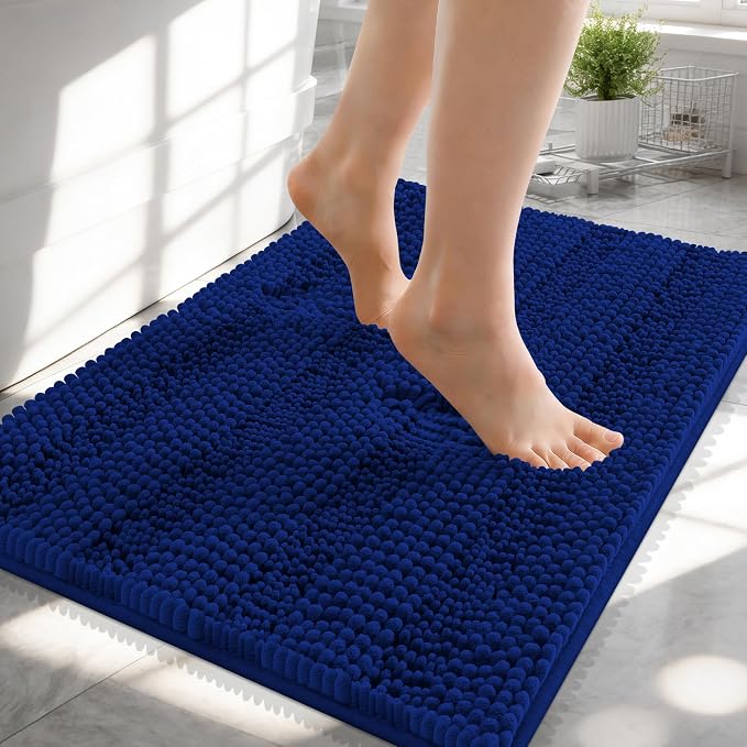 OLANLY Thick Small Bathroom Rugs 24x16, Extra Soft Absorbent Chenille Striped Bath Rugs, Rubber Backing, Machine Wash, Bath Mats for Bathroom Floor, Tub and Shower, Home Decor Accessories, Navy