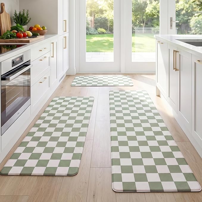 Beige Sage Checkered Grid Checkerboard Kitchen Rug Sets [3 PCs], Anti-Fatigue, Waterproof Non-Slip Kitchen Mats Heavy Duty Comfort Foam Rug for Kitchen, Floor, Laundry,17" Wx29/47/59“L