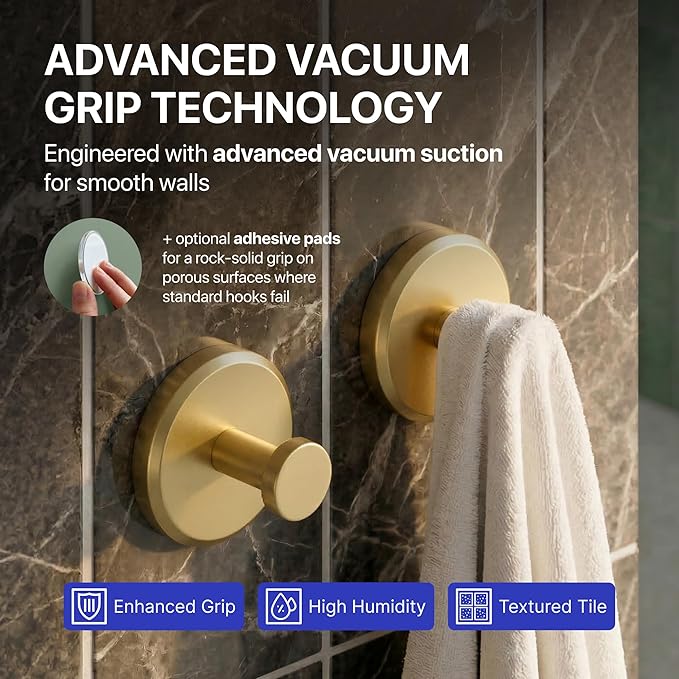 HOME SO Suction Cup Hooks for Shower & Bathroom Towel Holder 2-Pack – Suction Cups Hooks for Hanging Towels, Robes, & Coats - Tiles, Glass Door or Mirror – Shower Hooks & Towel Hooks Organizer - Gold