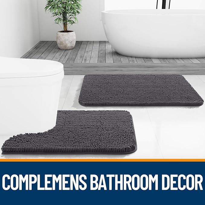 OLANLY Large Bathroom Rugs 47x32, Extra Soft Absorbent Chenille Bath Rugs, Rubber Backing Quick Dry, Machine Washable Bath Mats for Bathroom Floor, Tub and Shower, Home Decor Accessories, Dark Grey