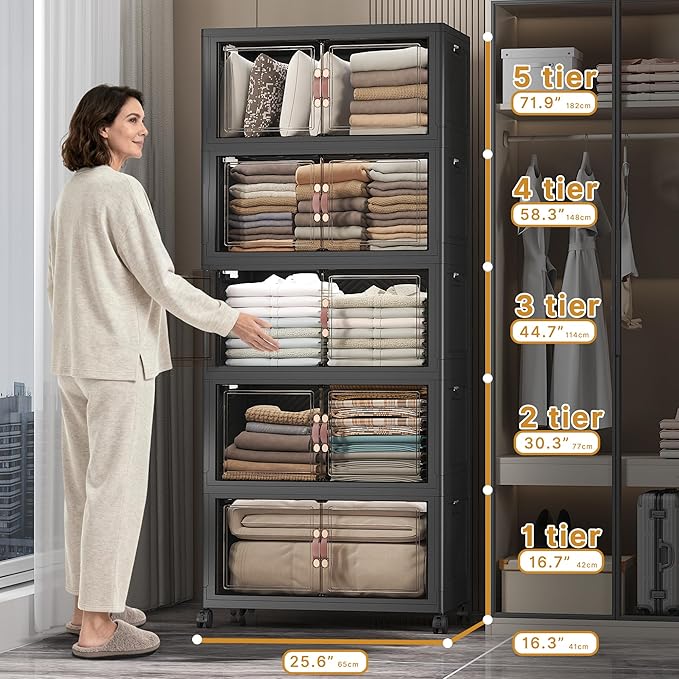 UAMFURI Stackable Storage Bins with Lids & Wheels & Door, Foldable Collapsible Closet Organizers, Extra Large Plastic Storage Drawers for Bedroom Dorm Office Garage (Dark-112QT, 5Pack with 1 top lid)