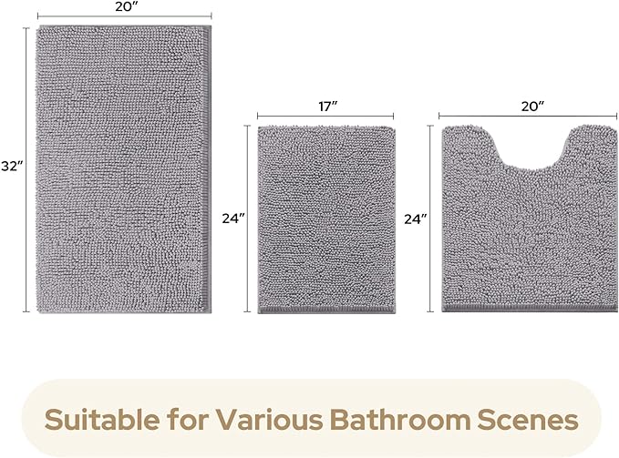HOMEIDEAS 3 Pieces Bathroom Rugs, Soft Thick Absorbent Chenille Bath Mats, Washable Non-Slip Floor Rugs for Shower & Bath, Grey