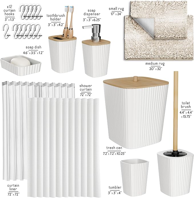 Clara Clark Bathroom Accessories Set - Bathroom Set, Bathroom Sets with Shower Curtain and Rugs, Shower Curtain Set with Bathroom Trash Can - Ombre White - 22PC