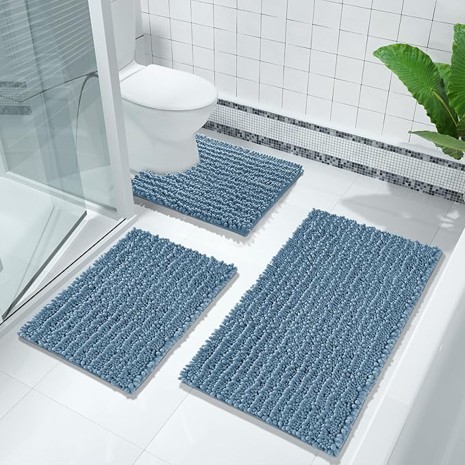 Yimobra Bathroom Rugs Non Slip Washable 32x20 Inch - Ultra Soft Absorbent Chenille Bath Mat, Quick Dry Shaggy Floor Carpet for Tub Shower, Denim Blue Home Decor Accessories