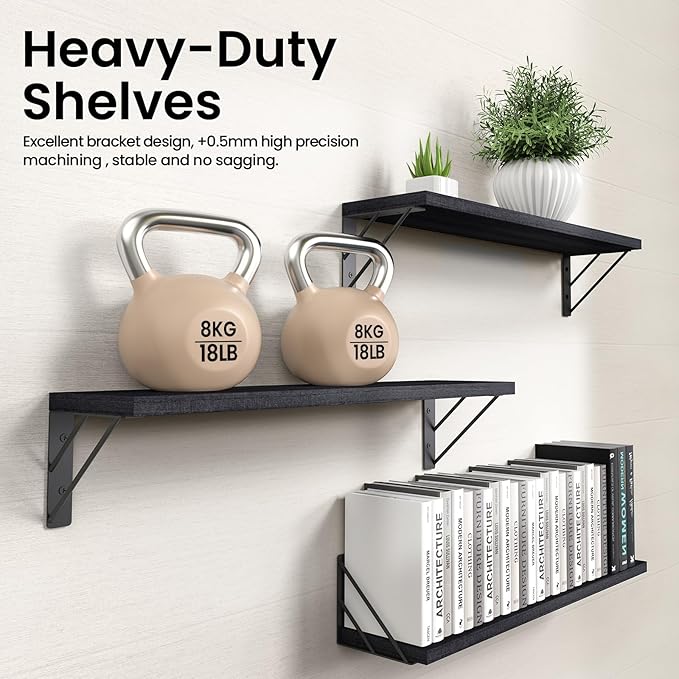 BAYKA Wall Mounted Floating Shelves, Wood Floating Wall Shelf for Books & Decor, Small Space-Saving Display & Organizer（Black，36in，Set of 3）