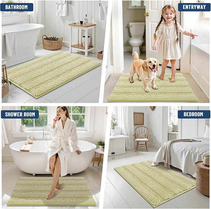 Grandaily Chenille Striped Bathroom Rugs 44x24, Extra Thick and Soft Absorbent Bath Mats, Rubber Backing, Plush Shaggy Shower Carpet, Machine Wash Dry, Bath Rug for Bathroom, Vanilla