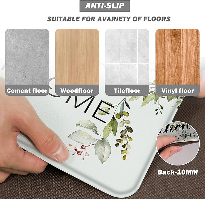 weesire Green Kitchen Rug Anti Fatigue Mats for Kitchen Floor Kitchen Rugs Sage Green Floral Herb Memory Foam Kitchen Mat Cushioned PVC Leather Kitchen Rug Set, 17.3x28+17.3x47 inchs