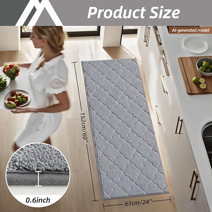 COSY HOMEER-Kitchen-Rugs-Non-Slip-Washable 24"x60" Absorbent Kitchen Runner Rug Polyester Kitchen Mats for Floor Soft Standing Floor Mats for Sink Mat,Hallway,Laundry,Grey