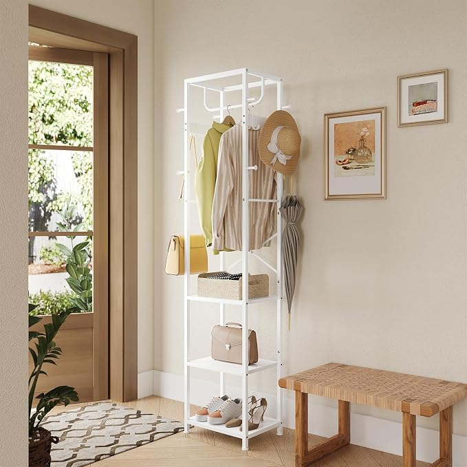 ELYKEN Coat Rack Freestanding, Hall Tree with 3 Storage Shelves and 12 Hooks, Industrial Clothes Rack Stand Organizer for Bedroom, Hallway, Entryway, Office, Living Room, White