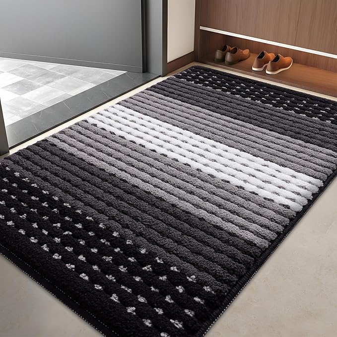 Kitinjoy Indoor Outdoor Door Mat, 40x32 Non-Slip Absorbent Dirt Trapper, Low-Profile Washable Inside Entrance Front Floor Mat, Sturdy Soft Entry Dotted Ombre Doormats for Entryway, Black