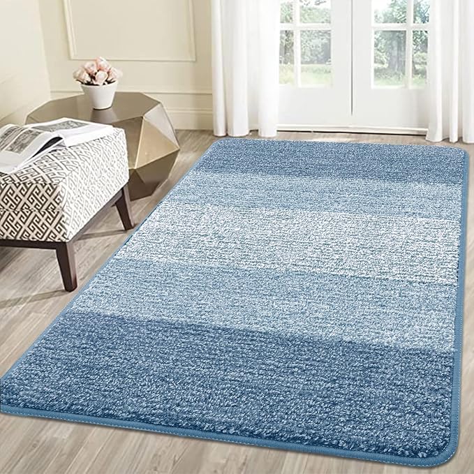 Smiry Dog Door Mat for Muddy Paws, Absorbs Moisture and Dirt, Low-Profile Entryway Mat with Non-Slip Backing, Entry Indoor Outdoor Doormat for Inside Floor (59x35 Inches, Light Blue, Striped)
