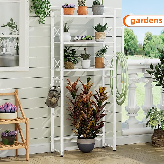 Simple Trending Over The Toilet Storage Rack with Toilet Paper Holder, Heavy Duty Metal 3 Tier Bathroom Organizer Shelf with 3 Hooks, White