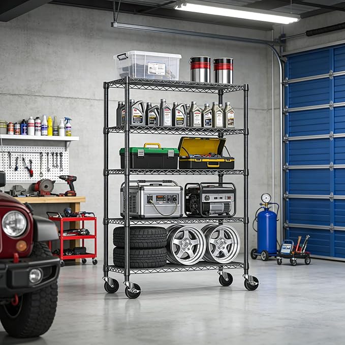 IZEUK 5-Tier Heavy Duty Metal Shelving Unit, Adjustable Steel Wire Storage Rack for Garage, Kitchen, Basement, Laundry Room & Office, Black, 17.7" D x 47.2" W x 72.3" H, 1750 lbs Capacity
