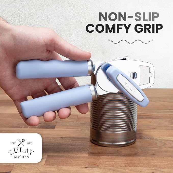 Zulay Kitchen Heavy Duty Stainless Steel Can Opener Manual with Bottle Opener - Rust Proof Manual Can Opener With Turn Knob & Comfy Soft Grip Handles - Light Blue