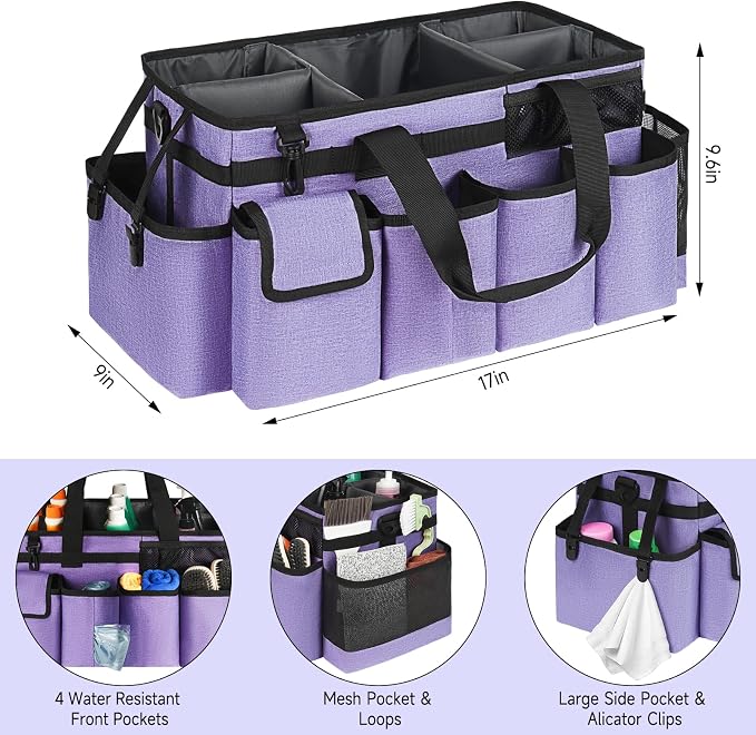 Cleaning Caddy Bag,Extra Large Cleaning Supplies Organizer with Handle for Housekeepers,Purple