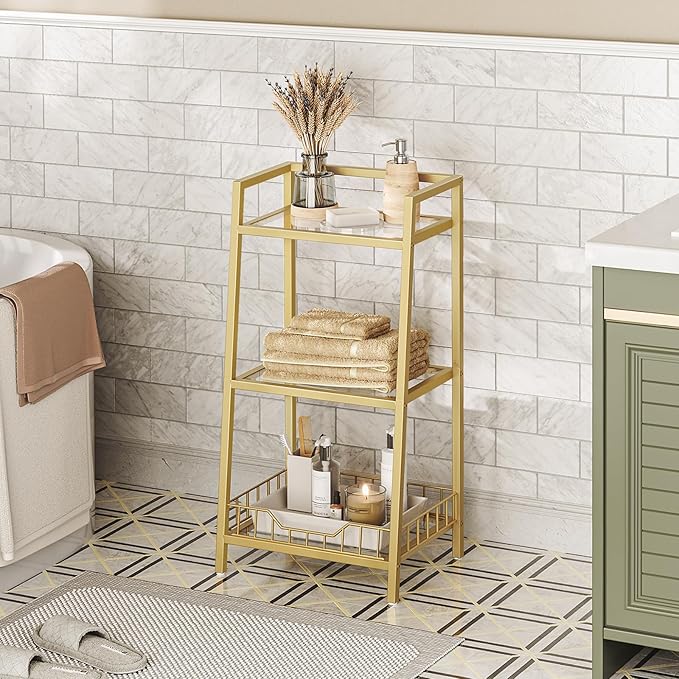 HOOBRO Gold Glass Shelf Stand, 3 Tier Standing Shelf Unit, Bathroom Organizer and Storage, Floor Storage Shelves Waterproof, for Bathroom, Laundry, Toilet, Tempered Glass, Gold GD77CJ01