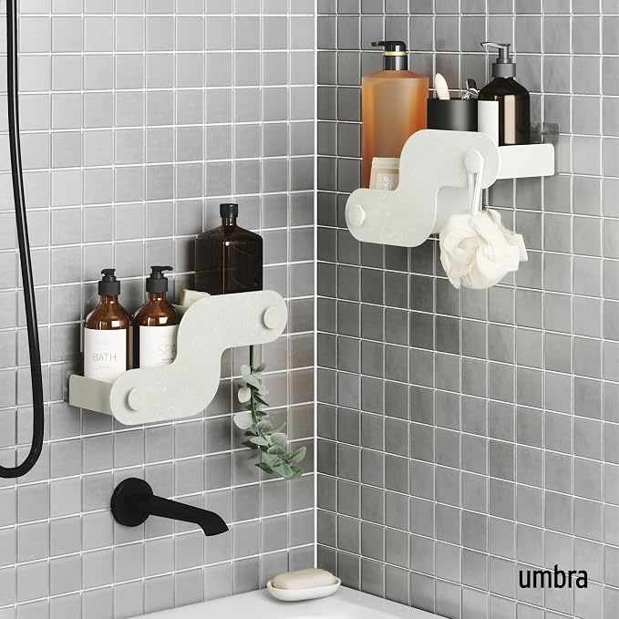 Umbra Nami Shower Caddy Set of 2 – Adhesive Shower Shelf, No Drill Wall Mounted Bathroom Organizer, Rust-Free Plastic Shower Storage Baskets for Shampoo & Toiletries, Ocean Sand