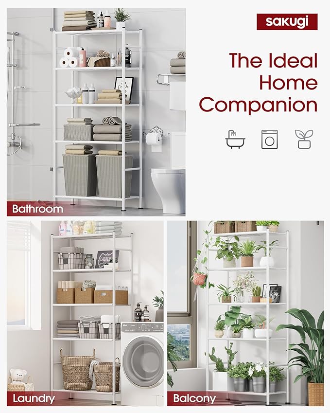 Sakugi Storage Shelves - 5 Tier Shelf Organizer, Heavy Duty Garage Shelving Unit with Leveling Feet, Stable Metal Shelves Organizer for Pantry, Kitchen and Closet, 33.0" W x 12.6" D x 72.0" H, White