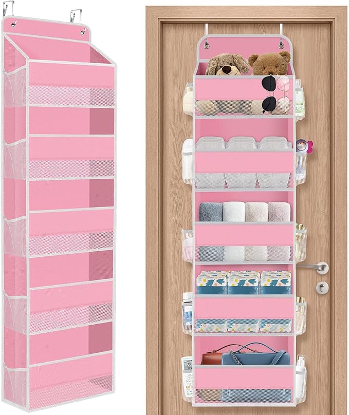 SpaceHacks 5-Tier Over The Door Organizer Hanging Storage Organizers with Clear Window 40lb Large Capacity Room Organizer for Pantry Bathroom Nursery Closet(Pink)