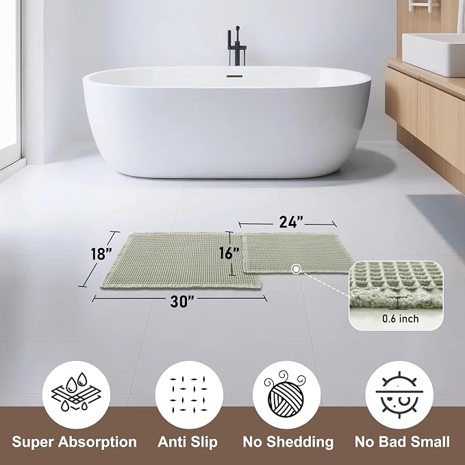 JIUZHEN Set of 2 Waffle Bathroom Rugs Super Absorbent Boho Bath Rugs Non Slip Washable Bath Mats Ultra Soft Machine Washable Shower Mats for Bathroom Floor, Tub, 16" x 24" +18" x 30", Sage Green