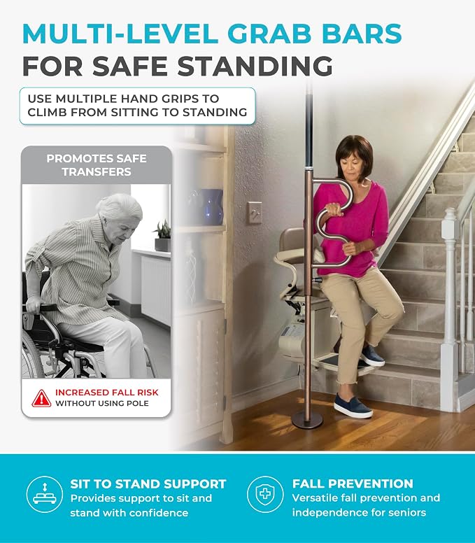 Stander Wonder Pole Plus with Rotating Double Grab Bar, Tension Mounted Security Pole for Seniors & Elderly Adults, No-Drill Floor to Ceiling Transfer Pole for Home & Bath Safety, Bronze