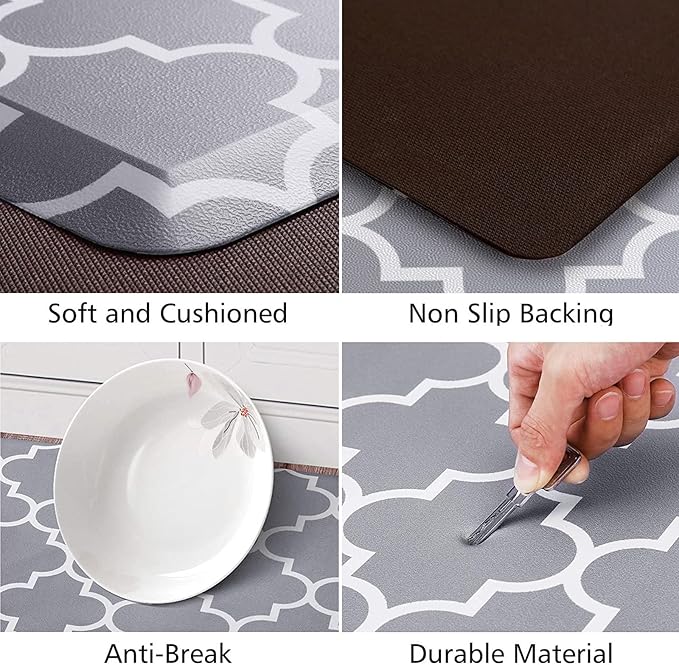 KMAT Mat (2 PCS) 0.47inch Cushioned Anti-Fatigue Rug, Waterproof Non-Skid Rugs Heavy Duty PVC Ergonomic Comfort Standing Mat for Kitchen, Floor Office, Laundry,Grey