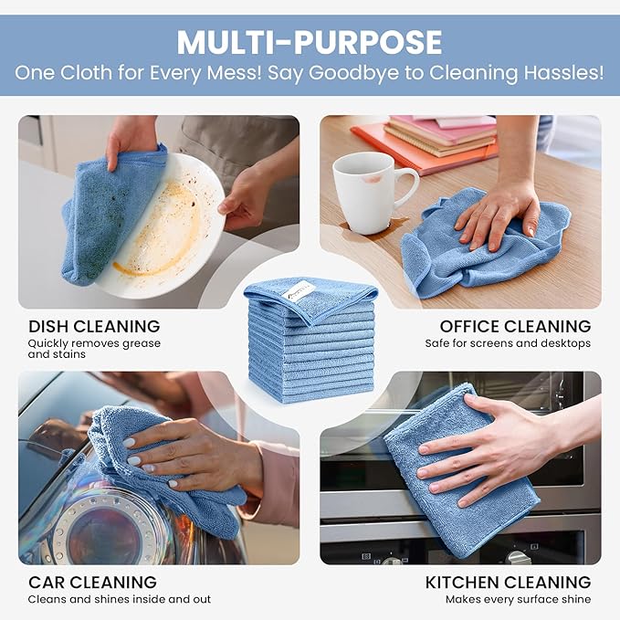 SIFANGKE Microfiber Cleaning Cloth, 12 Pack Blue Cleaning Rags for Housekeeping, Reusable Microfiber Towels for Car, Kitchen, Bathroom and Household Cleaning Supplies, 11.8"X11.8"