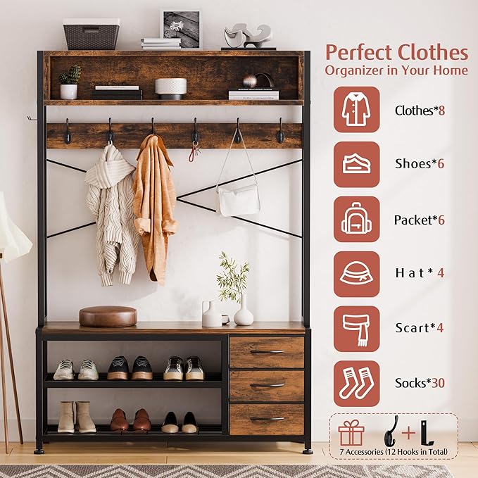 Lulive Hall Tree with 3 Drawers, Industrial Entryway 39.4" Coat Rack Shoe Bench, Freestanding Mudroom Organizer with 12 Hooks, Top Shelf Storage (Rustic Brown)