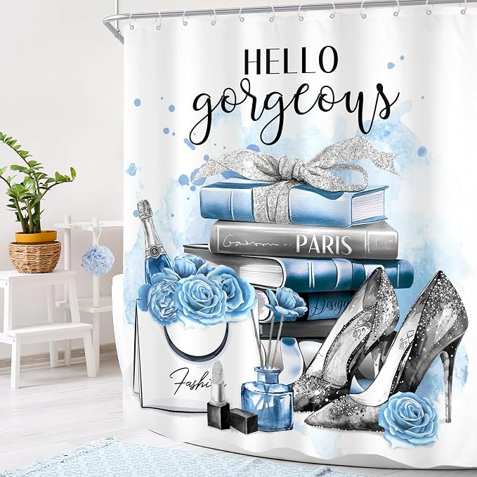 Girly Blue Shower Curtain 60Wx72H Silver Fashion Shower Curtain Women Girls Gray Teal Flower Perfume Bathroom Curtain Set High Heels Magazine Books Floral Bathroom Decor Fabric with 12 Hooks